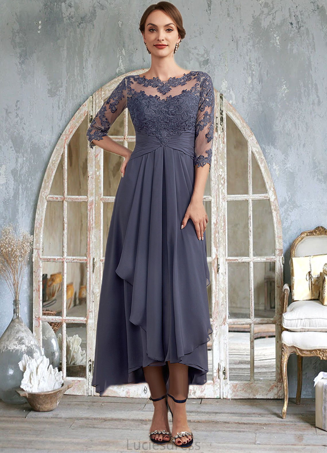 Lily A-Line Scoop Neck Asymmetrical Chiffon Lace Mother of the Bride Dress With Ruffle HF126P0014531