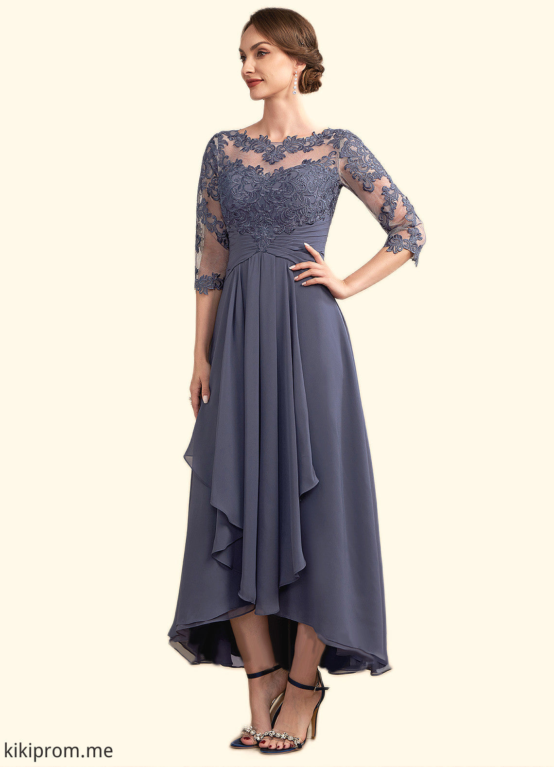 Jaida A-Line Scoop Neck Asymmetrical Chiffon Lace Mother of the Bride Dress With Ruffle STF126P0014531