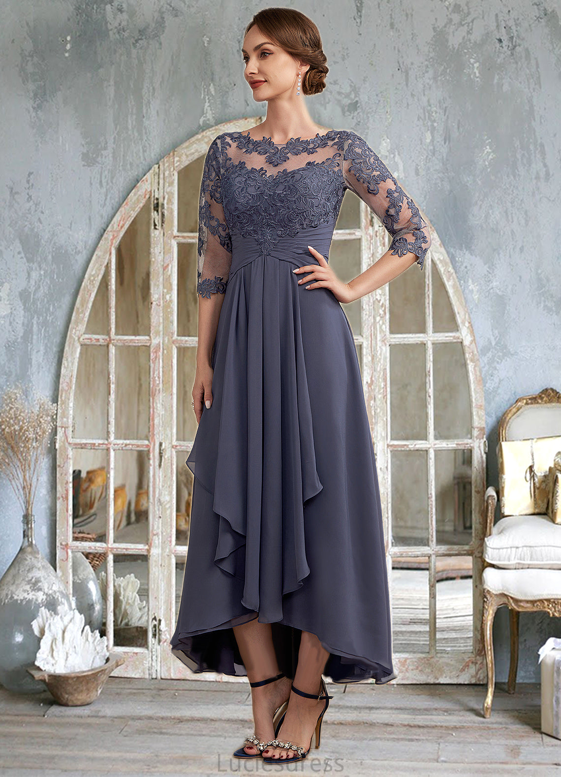 Lily A-Line Scoop Neck Asymmetrical Chiffon Lace Mother of the Bride Dress With Ruffle HF126P0014531