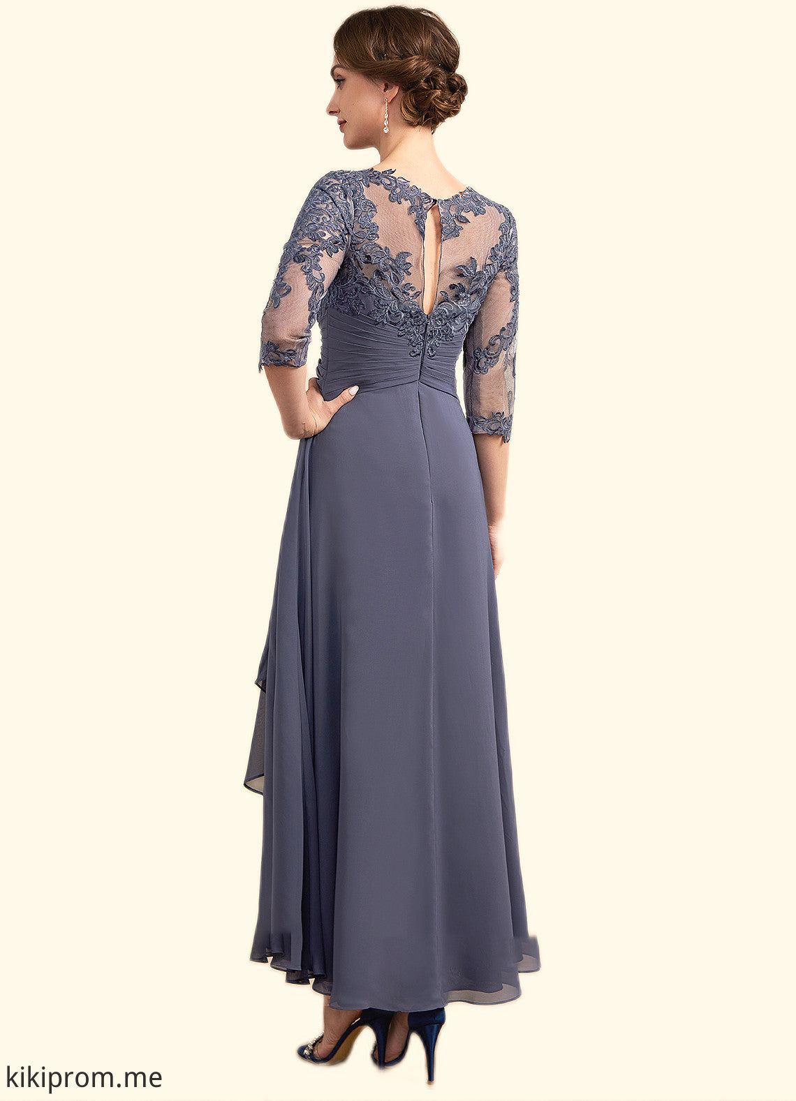 Jaida A-Line Scoop Neck Asymmetrical Chiffon Lace Mother of the Bride Dress With Ruffle STF126P0014531