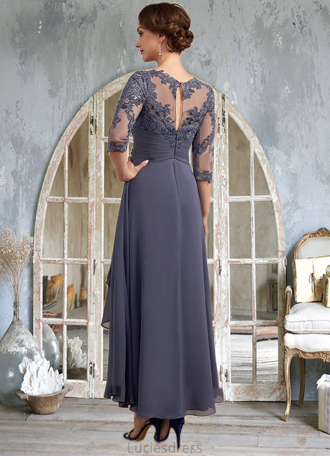 Lily A-Line Scoop Neck Asymmetrical Chiffon Lace Mother of the Bride Dress With Ruffle HF126P0014531