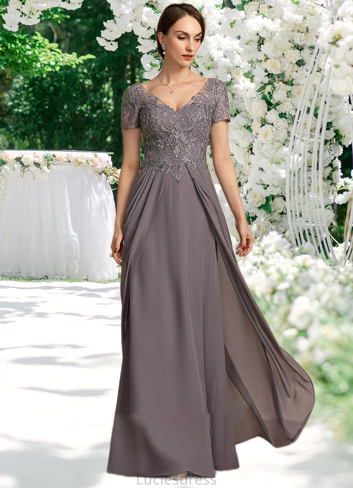 Jaycee A-line V-Neck Floor-Length Chiffon Lace Mother of the Bride Dress HF126P0014532