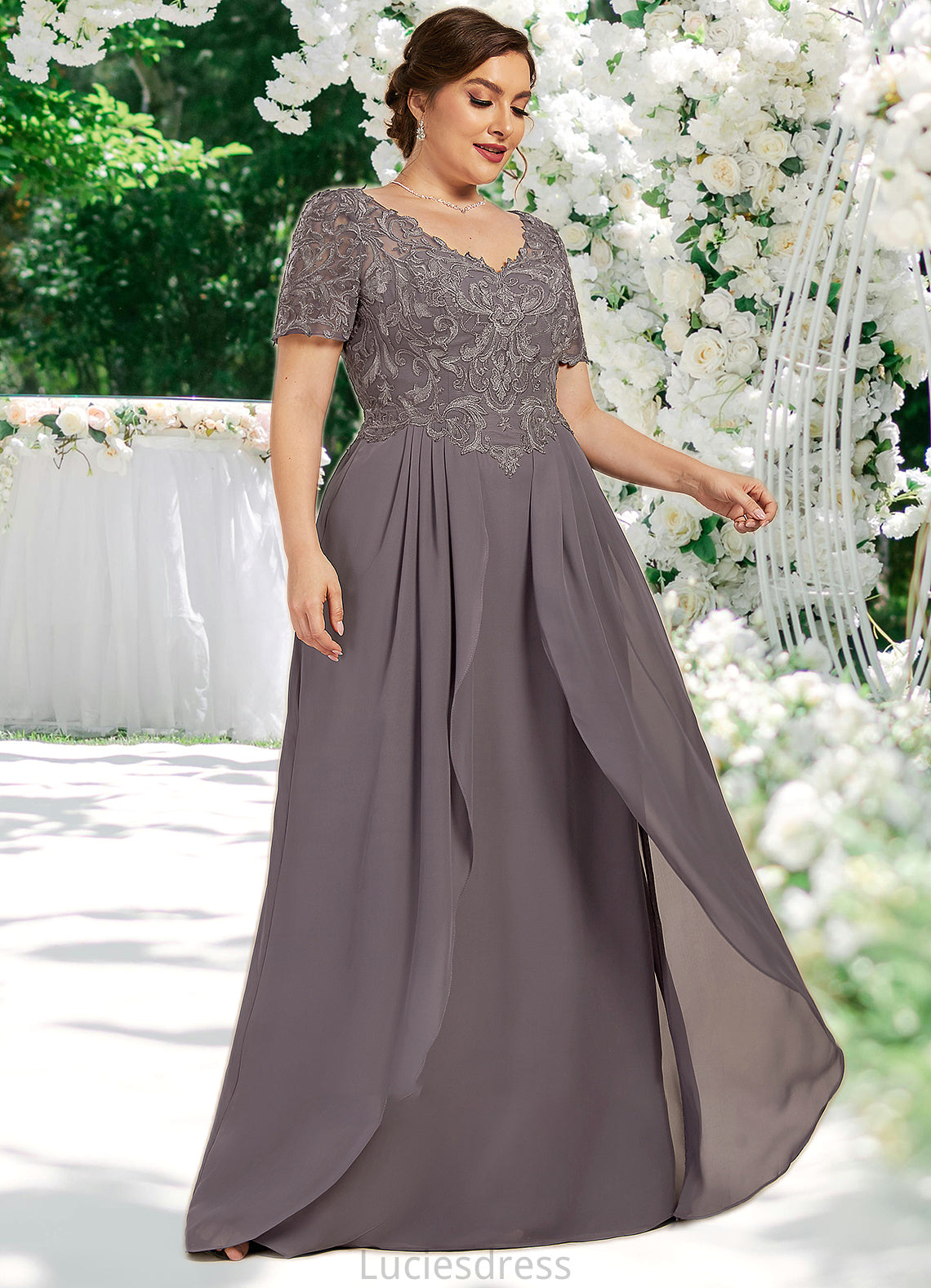 Jaycee A-line V-Neck Floor-Length Chiffon Lace Mother of the Bride Dress HF126P0014532