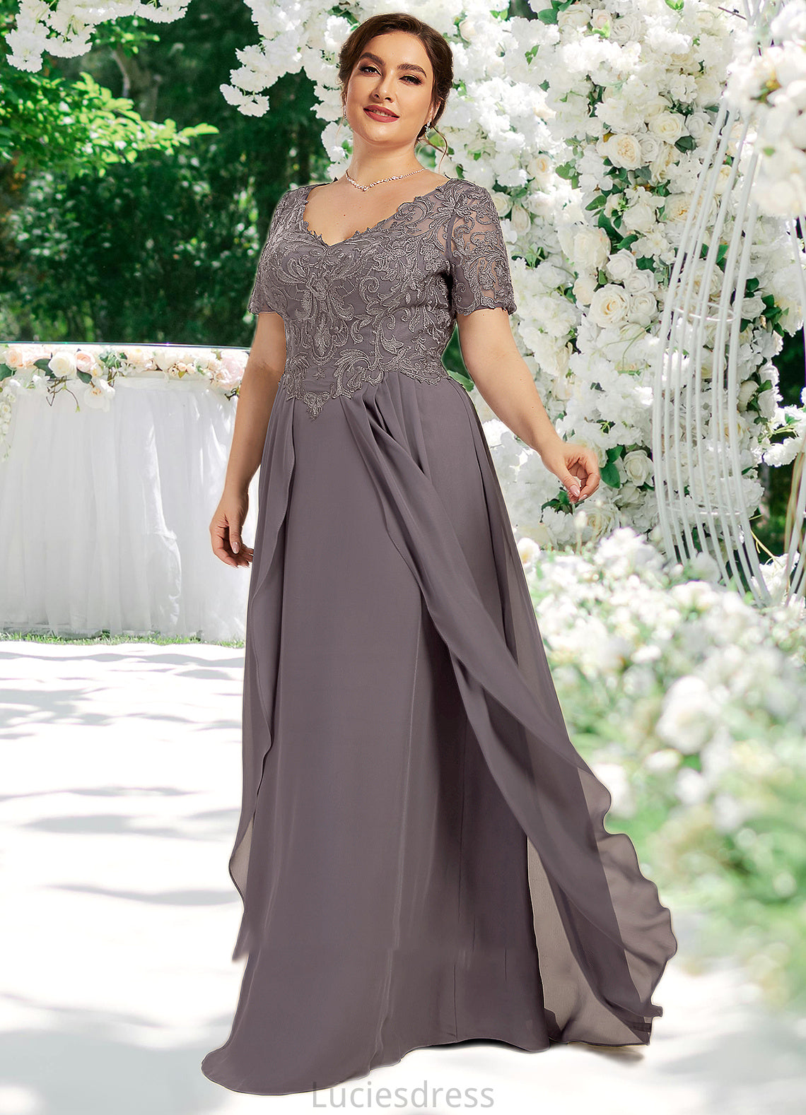 Jaycee A-line V-Neck Floor-Length Chiffon Lace Mother of the Bride Dress HF126P0014532