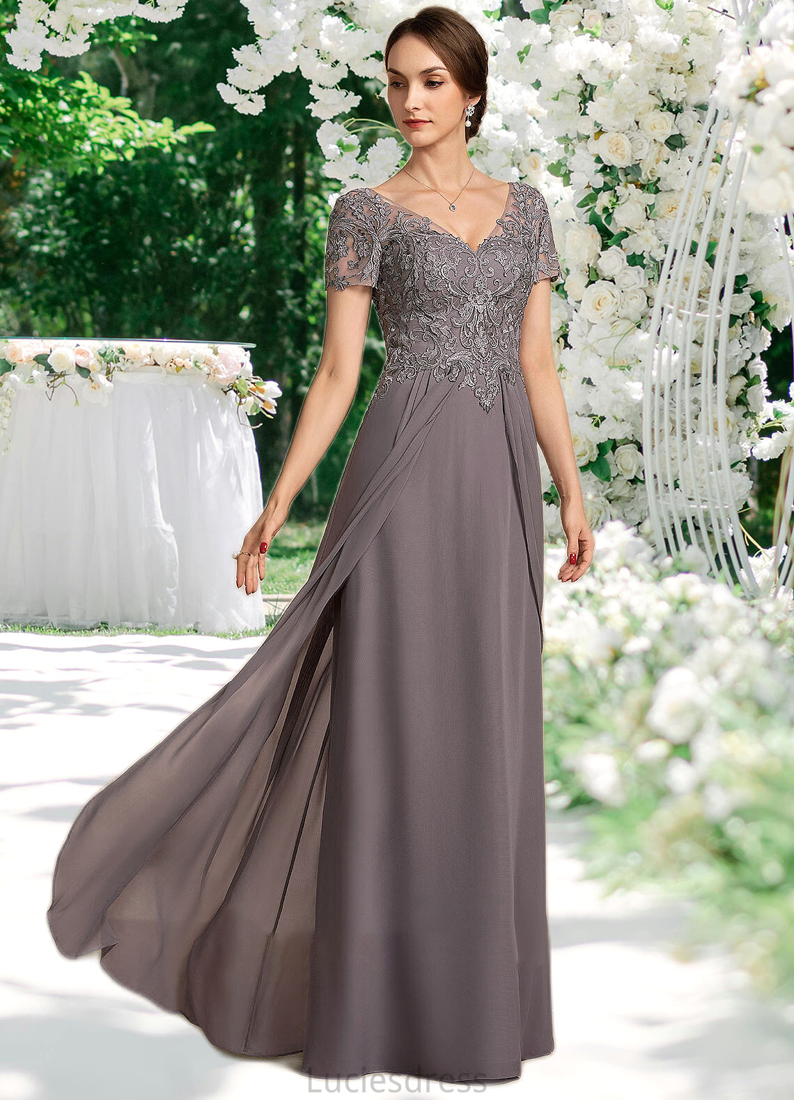 Jaycee A-line V-Neck Floor-Length Chiffon Lace Mother of the Bride Dress HF126P0014532