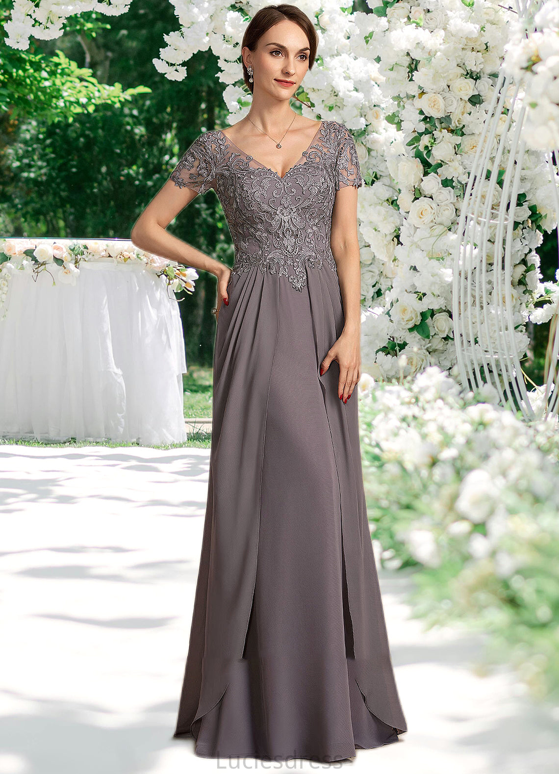 Jaycee A-line V-Neck Floor-Length Chiffon Lace Mother of the Bride Dress HF126P0014532