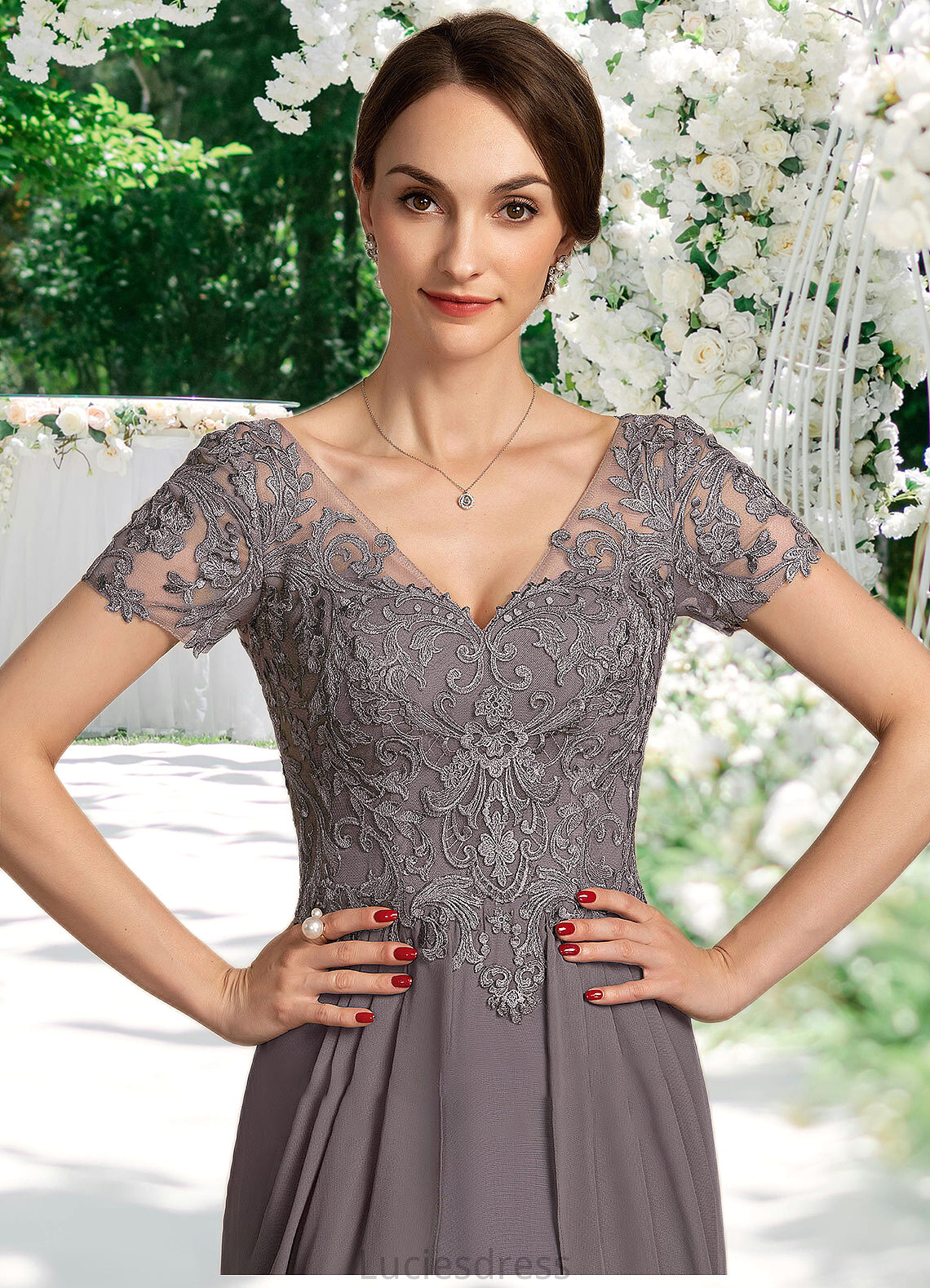 Jaycee A-line V-Neck Floor-Length Chiffon Lace Mother of the Bride Dress HF126P0014532