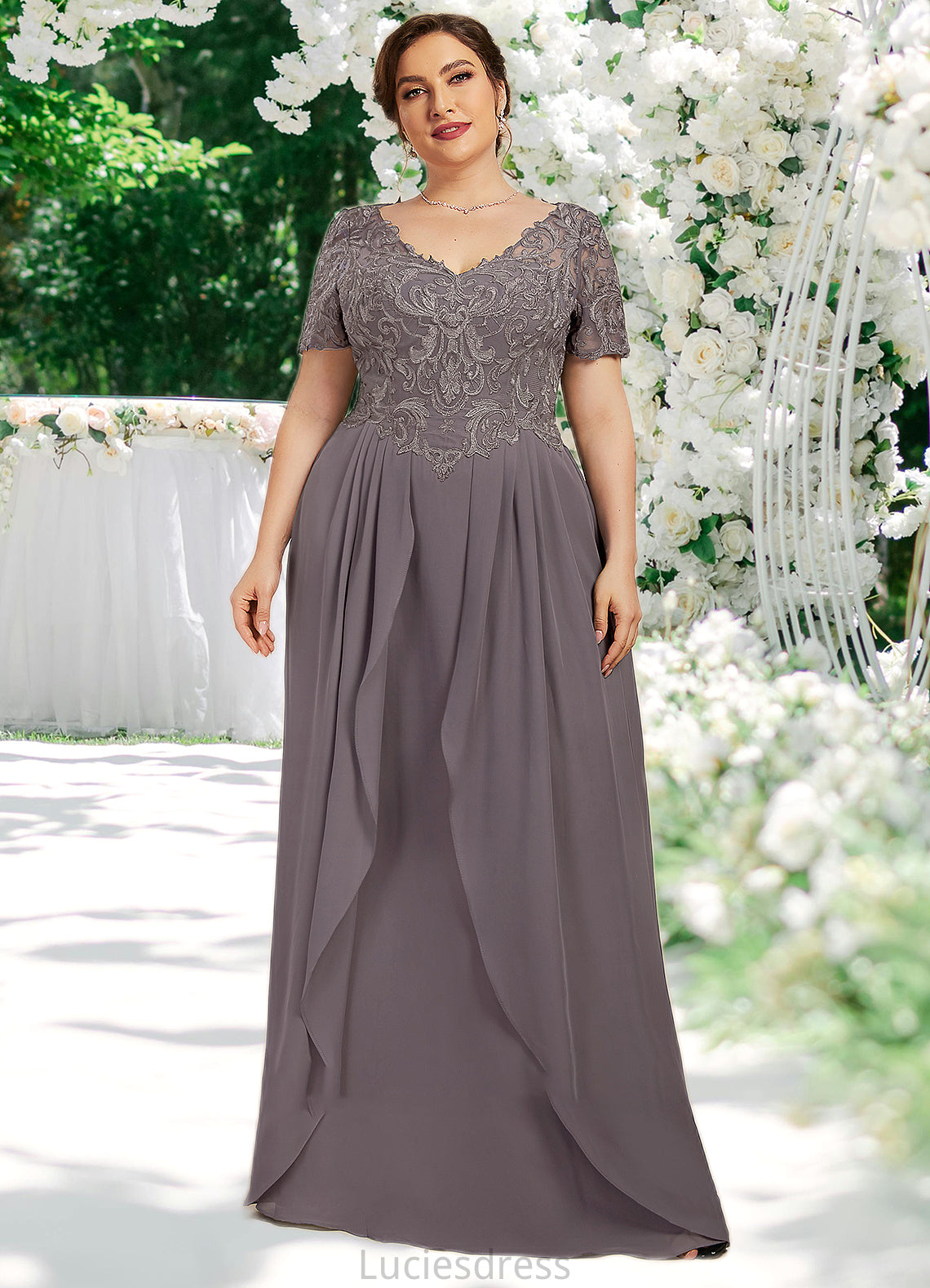 Jaycee A-line V-Neck Floor-Length Chiffon Lace Mother of the Bride Dress HF126P0014532