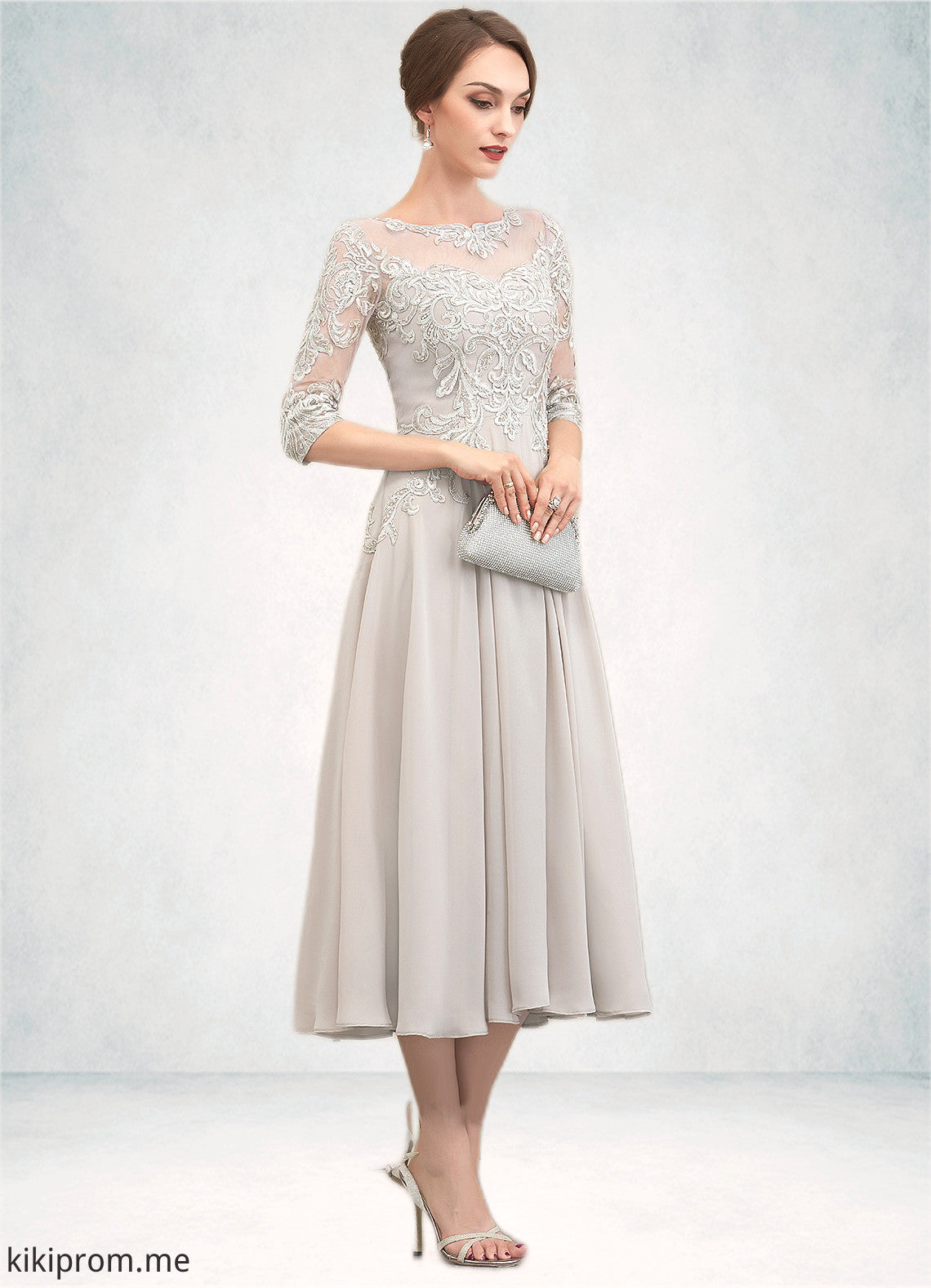 Madalyn A-Line Scoop Neck Tea-Length Chiffon Lace Mother of the Bride Dress With Beading Sequins STF126P0014535