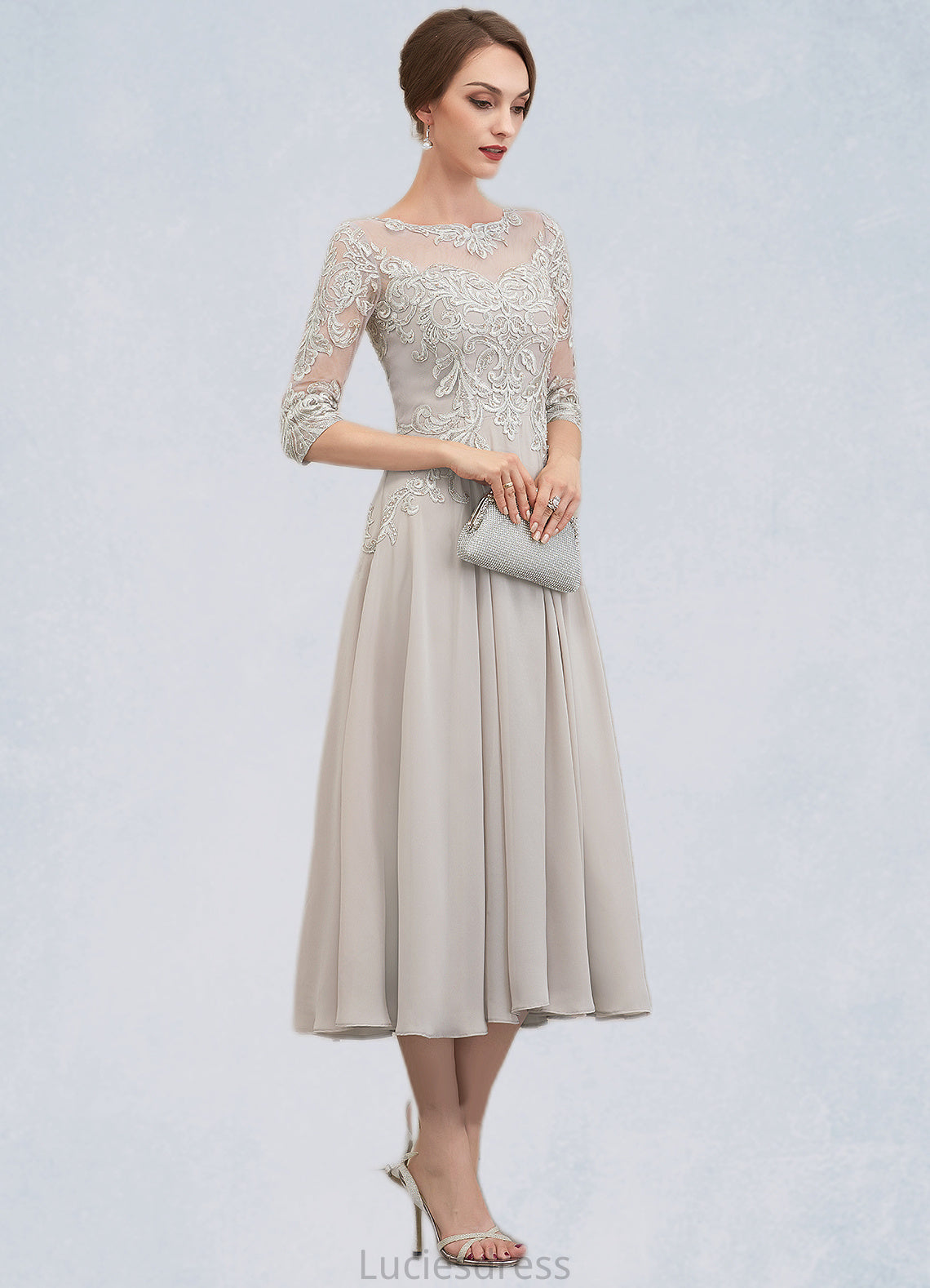 Lydia A-Line Scoop Neck Tea-Length Chiffon Lace Mother of the Bride Dress With Beading Sequins HF126P0014535