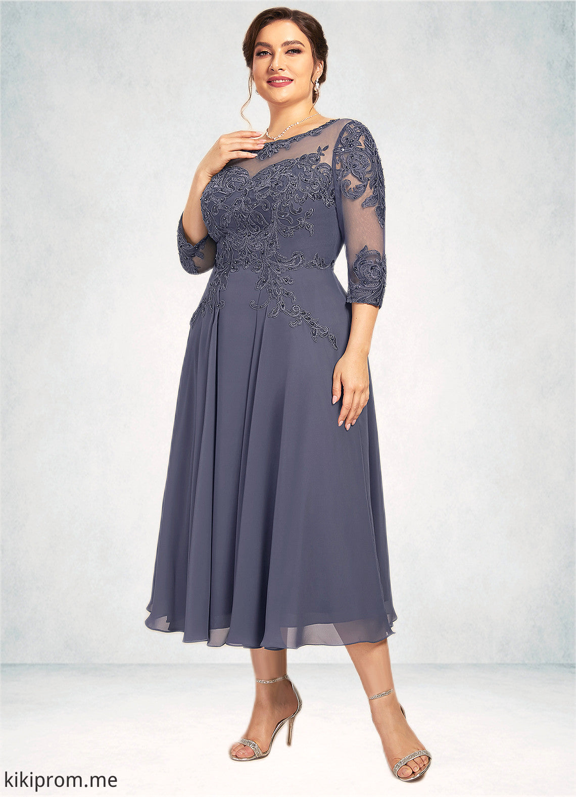 Madalyn A-Line Scoop Neck Tea-Length Chiffon Lace Mother of the Bride Dress With Beading Sequins STF126P0014535