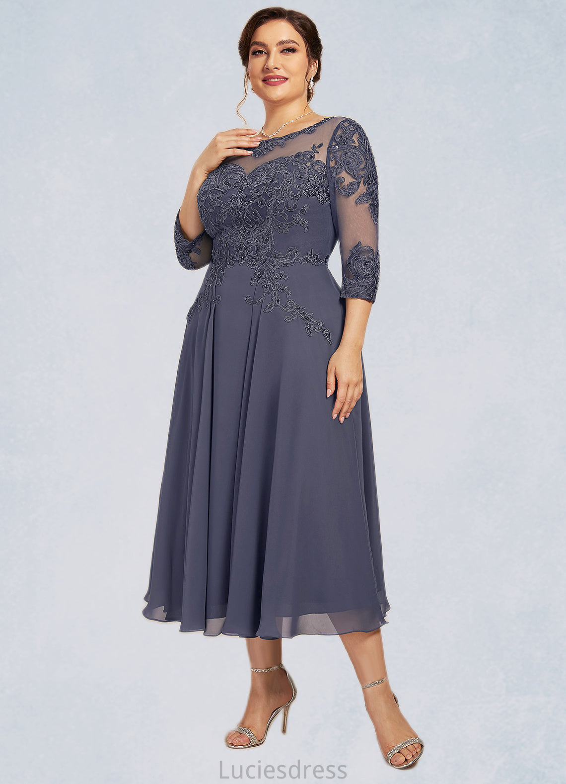 Lydia A-Line Scoop Neck Tea-Length Chiffon Lace Mother of the Bride Dress With Beading Sequins HF126P0014535