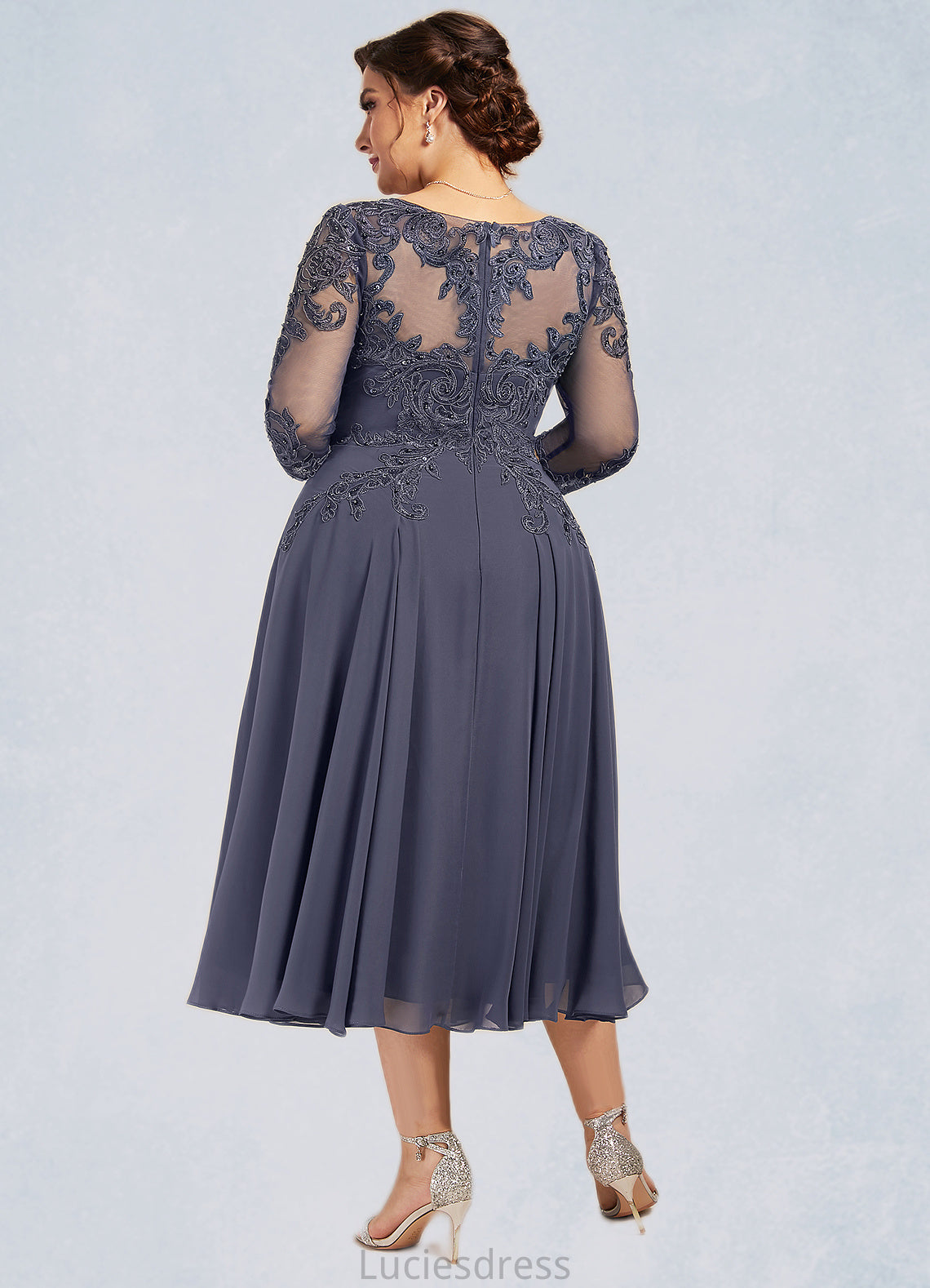 Lydia A-Line Scoop Neck Tea-Length Chiffon Lace Mother of the Bride Dress With Beading Sequins HF126P0014535