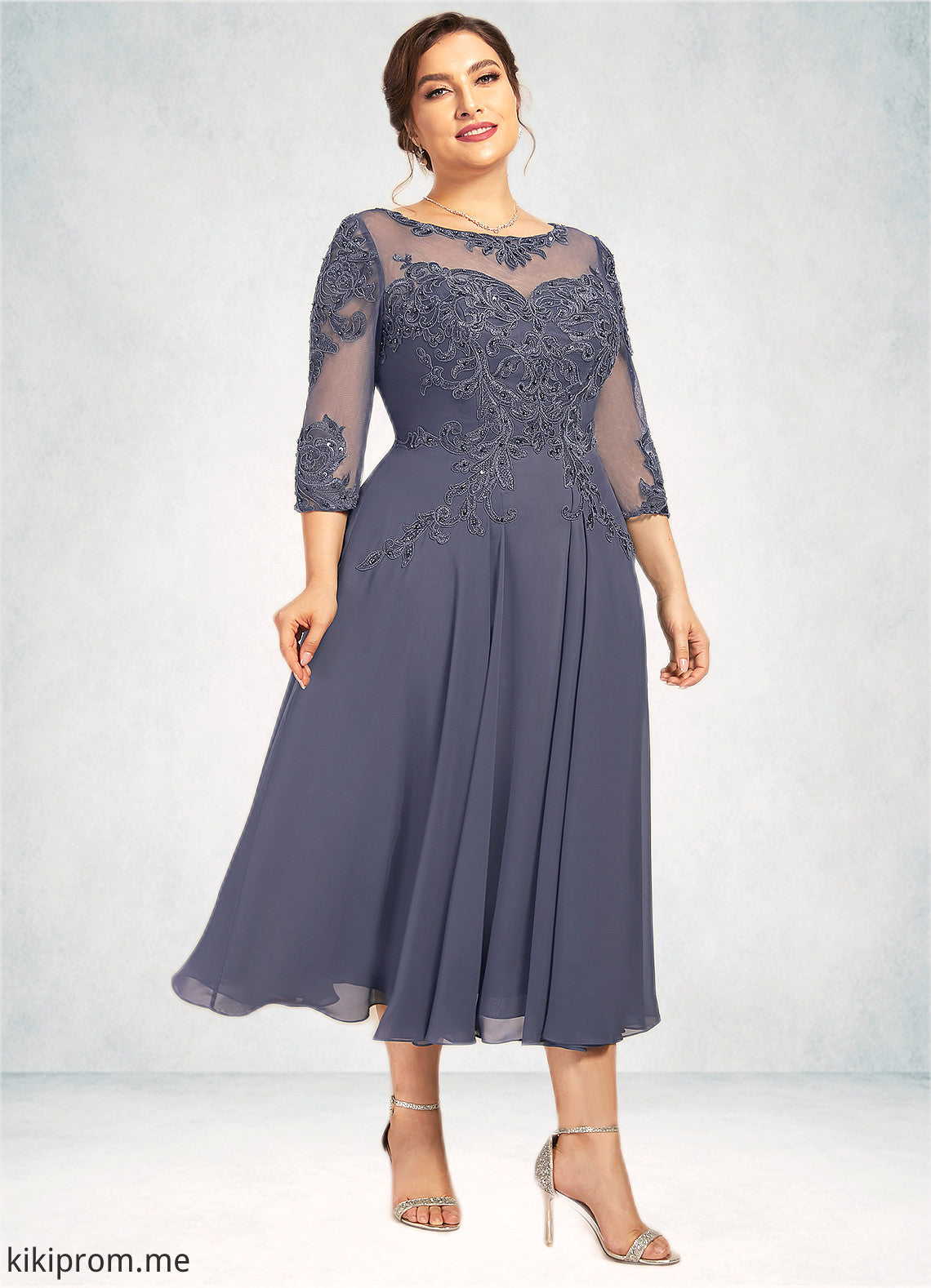 Madalyn A-Line Scoop Neck Tea-Length Chiffon Lace Mother of the Bride Dress With Beading Sequins STF126P0014535