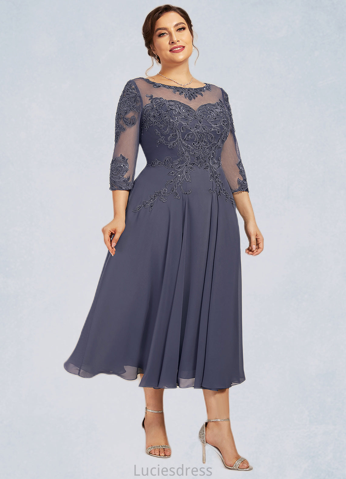 Lydia A-Line Scoop Neck Tea-Length Chiffon Lace Mother of the Bride Dress With Beading Sequins HF126P0014535