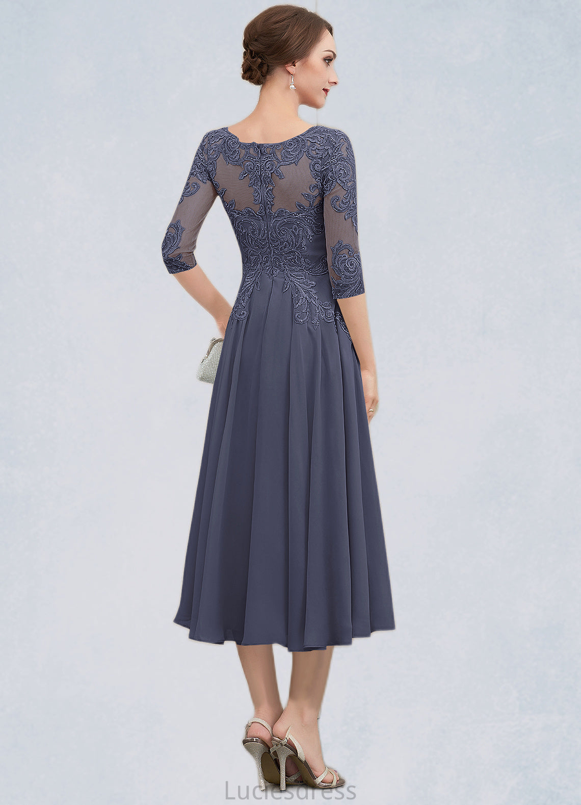 Lydia A-Line Scoop Neck Tea-Length Chiffon Lace Mother of the Bride Dress With Beading Sequins HF126P0014535