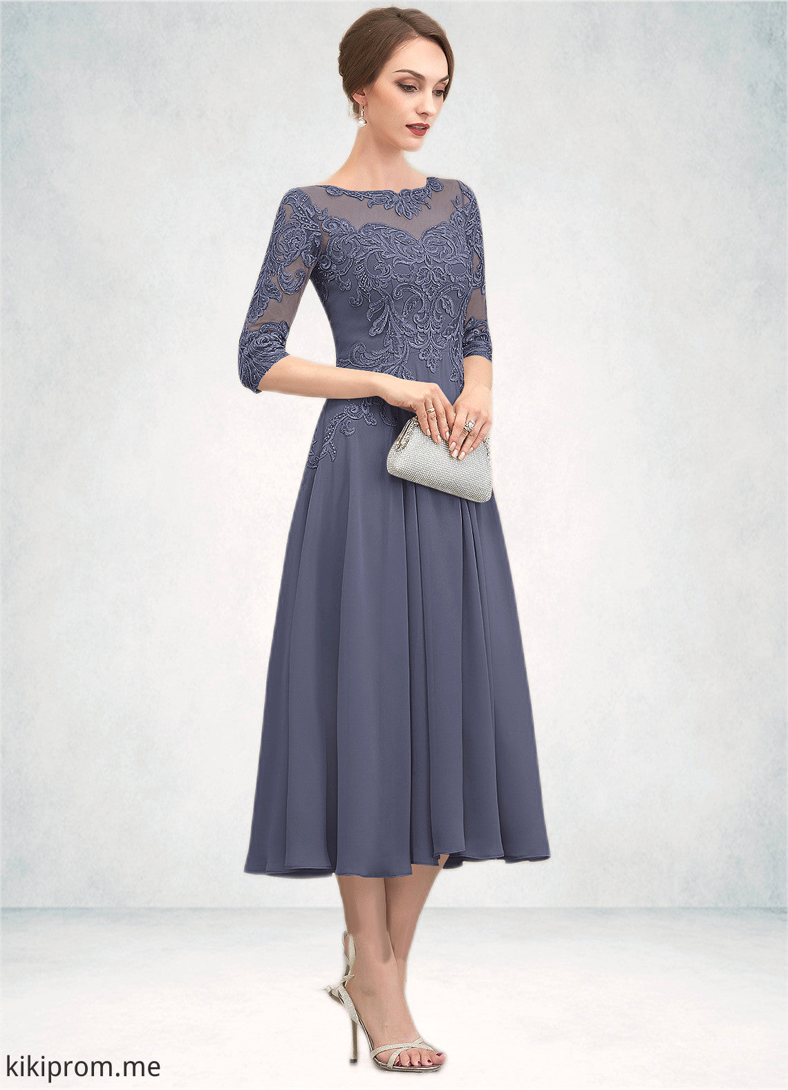 Madalyn A-Line Scoop Neck Tea-Length Chiffon Lace Mother of the Bride Dress With Beading Sequins STF126P0014535