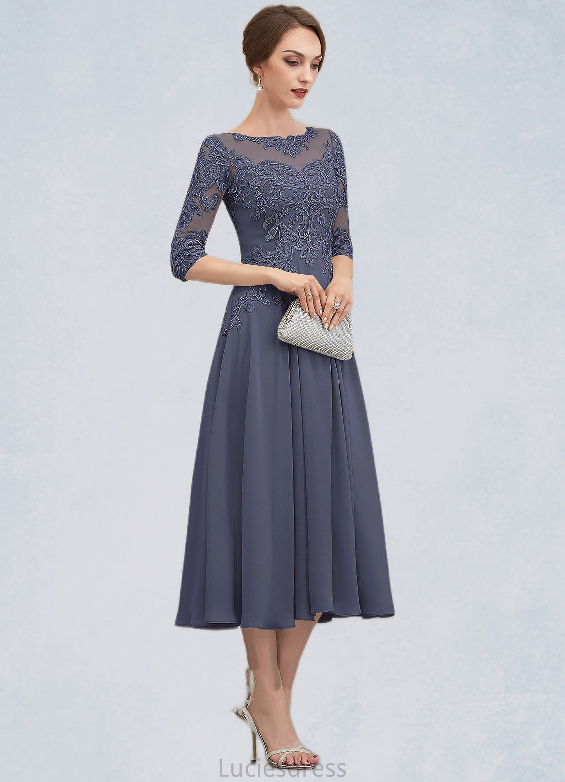 Lydia A-Line Scoop Neck Tea-Length Chiffon Lace Mother of the Bride Dress With Beading Sequins HF126P0014535