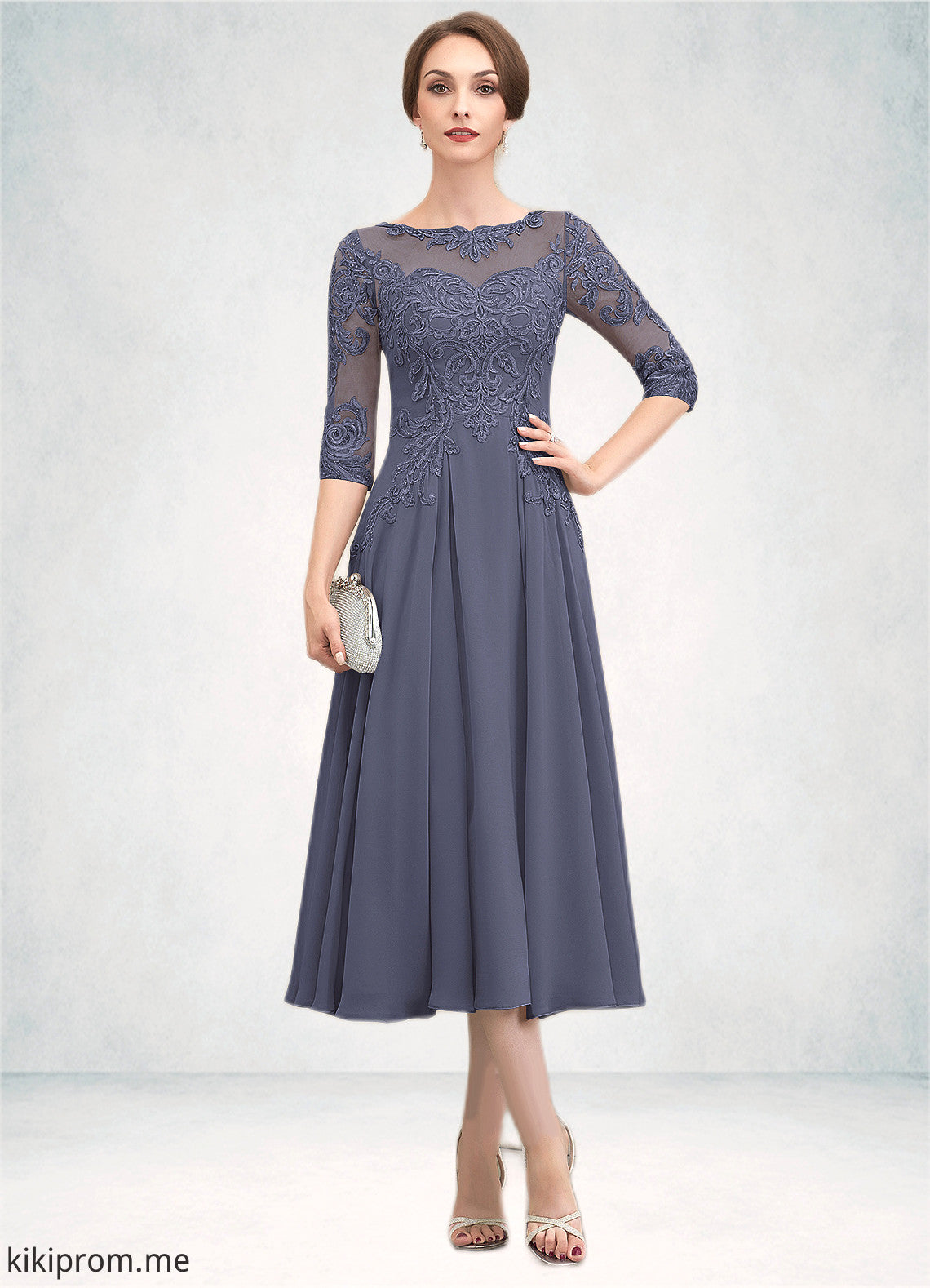 Madalyn A-Line Scoop Neck Tea-Length Chiffon Lace Mother of the Bride Dress With Beading Sequins STF126P0014535