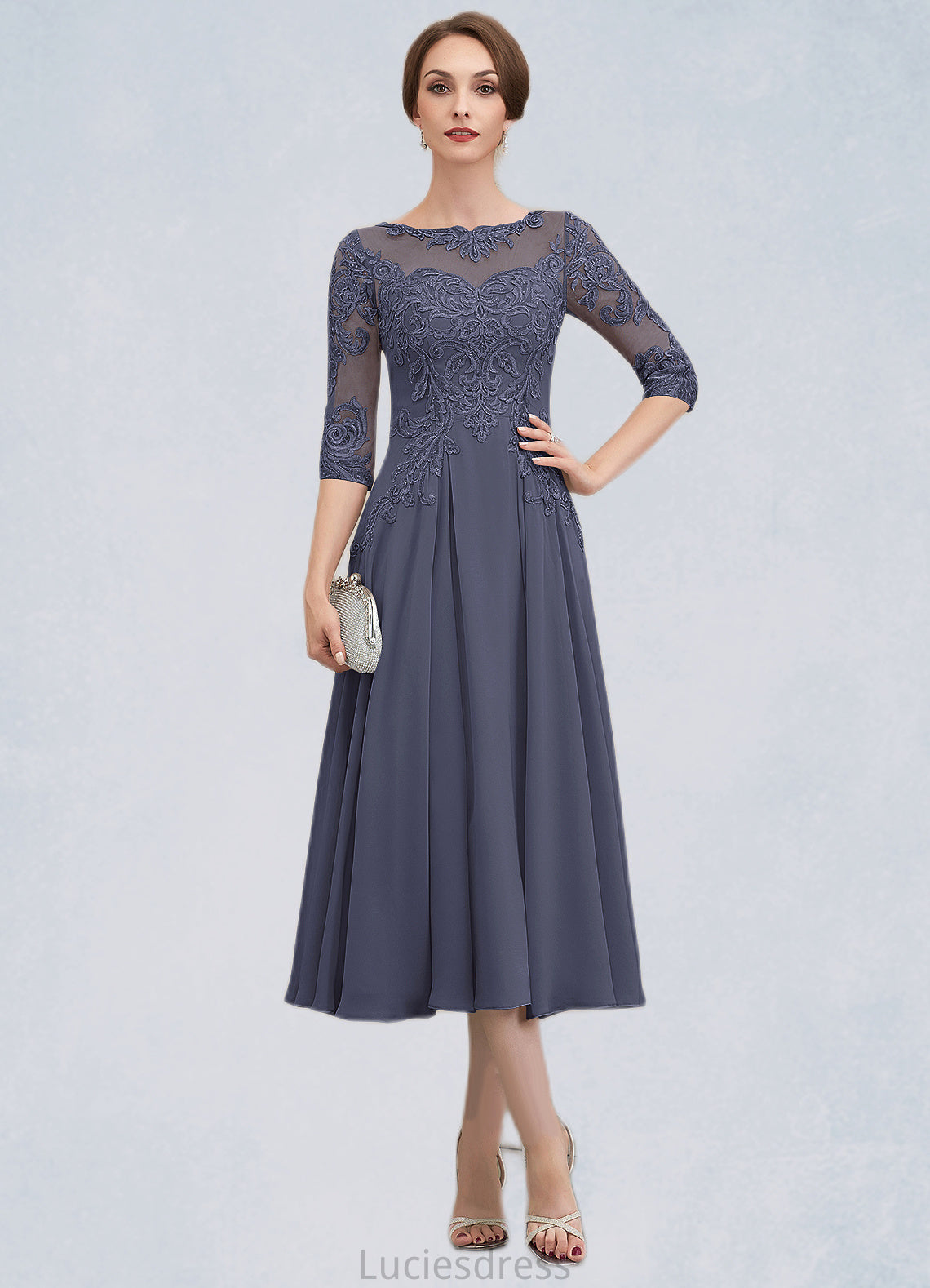 Lydia A-Line Scoop Neck Tea-Length Chiffon Lace Mother of the Bride Dress With Beading Sequins HF126P0014535