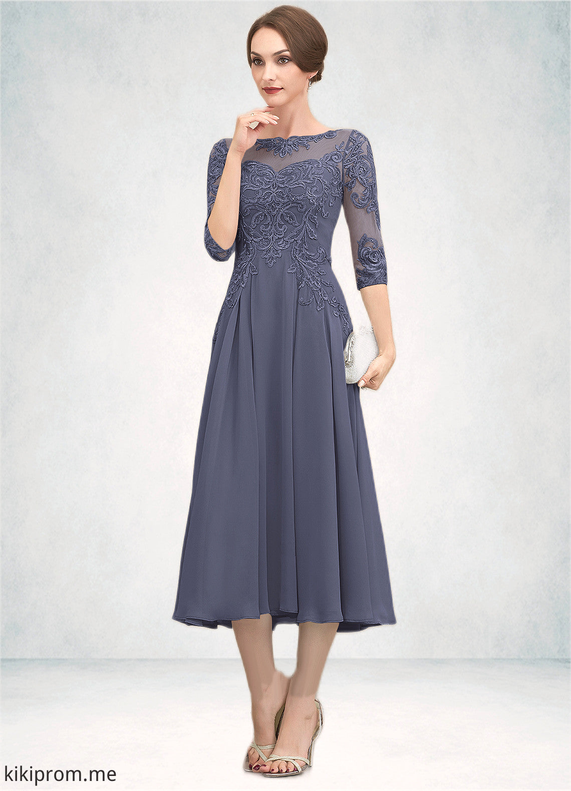 Madalyn A-Line Scoop Neck Tea-Length Chiffon Lace Mother of the Bride Dress With Beading Sequins STF126P0014535