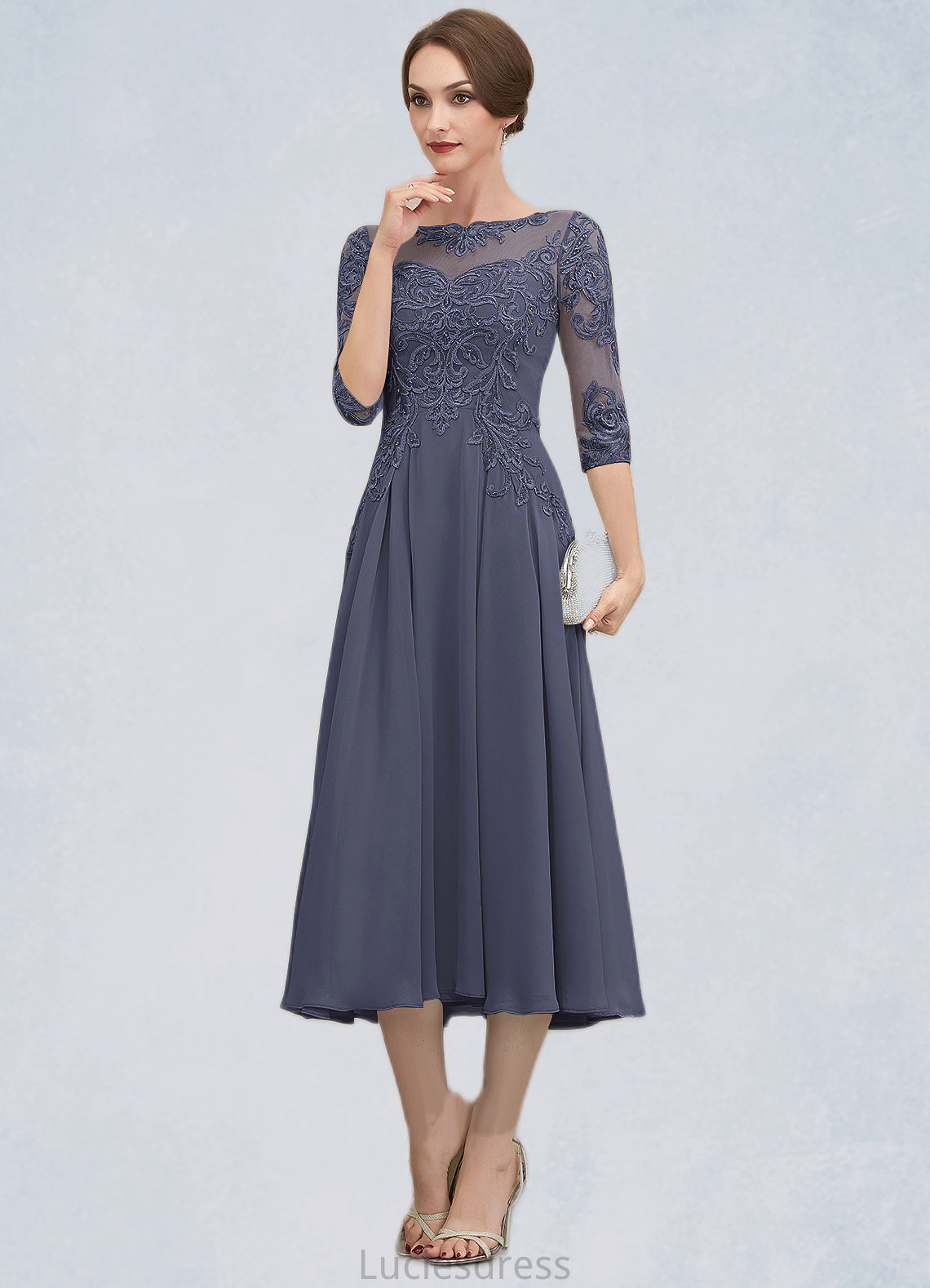 Lydia A-Line Scoop Neck Tea-Length Chiffon Lace Mother of the Bride Dress With Beading Sequins HF126P0014535