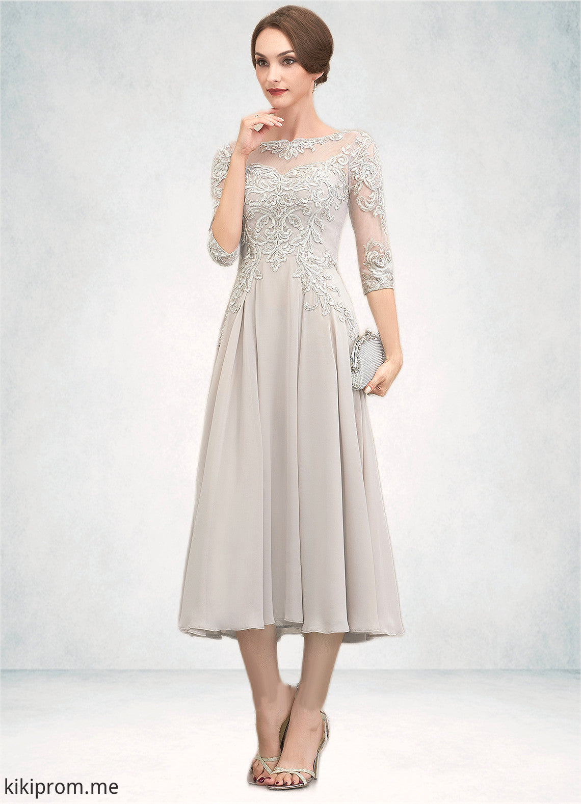 Madalyn A-Line Scoop Neck Tea-Length Chiffon Lace Mother of the Bride Dress With Beading Sequins STF126P0014535