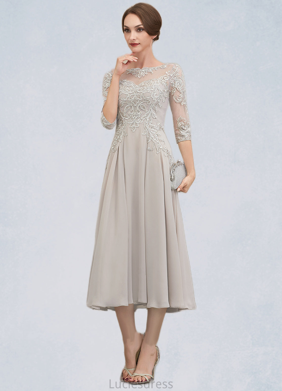 Lydia A-Line Scoop Neck Tea-Length Chiffon Lace Mother of the Bride Dress With Beading Sequins HF126P0014535