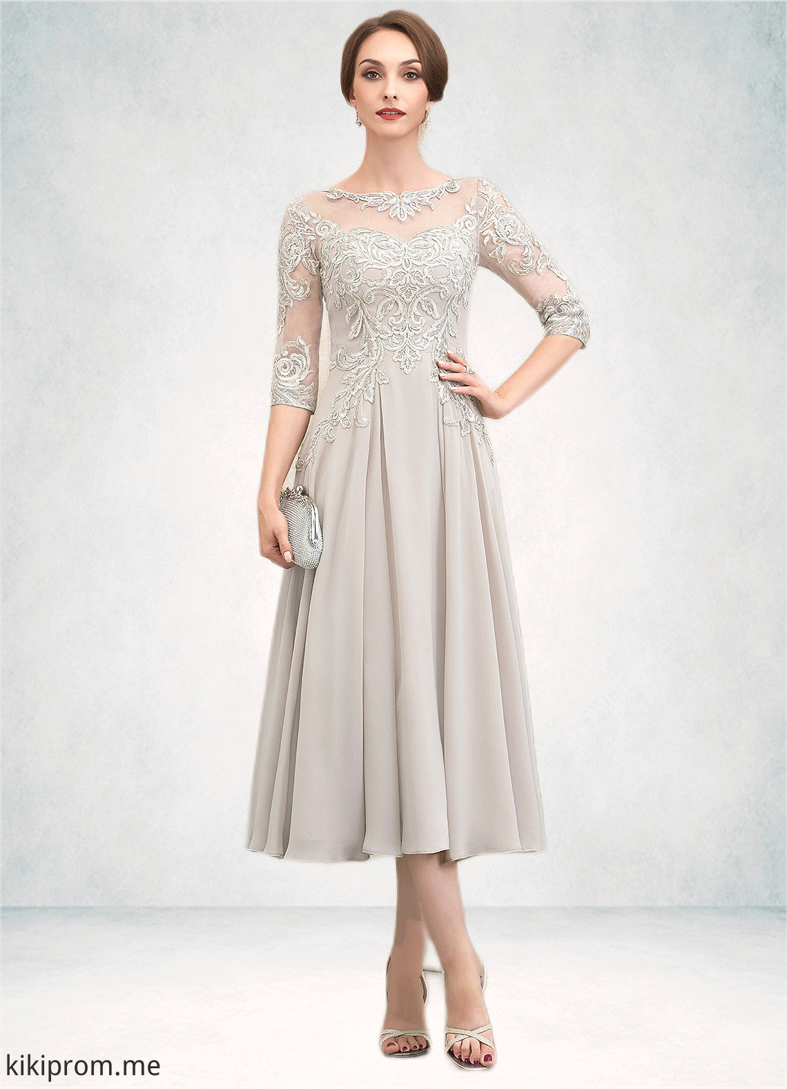 Madalyn A-Line Scoop Neck Tea-Length Chiffon Lace Mother of the Bride Dress With Beading Sequins STF126P0014535