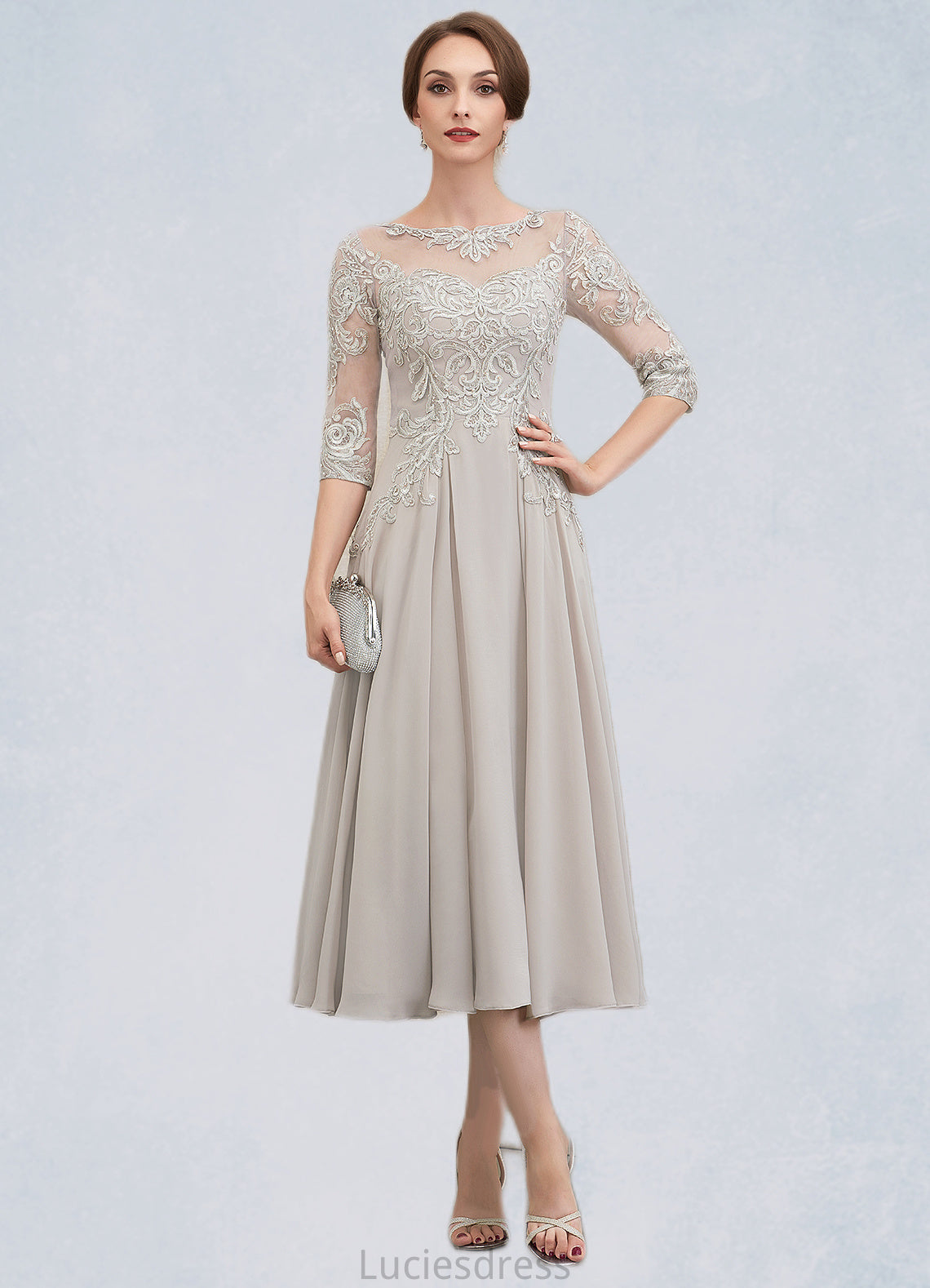 Lydia A-Line Scoop Neck Tea-Length Chiffon Lace Mother of the Bride Dress With Beading Sequins HF126P0014535