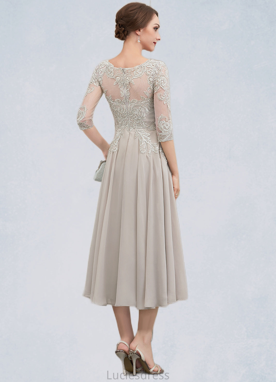 Lydia A-Line Scoop Neck Tea-Length Chiffon Lace Mother of the Bride Dress With Beading Sequins HF126P0014535