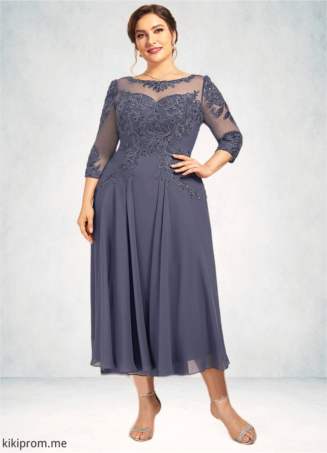 Madalyn A-Line Scoop Neck Tea-Length Chiffon Lace Mother of the Bride Dress With Beading Sequins STF126P0014535