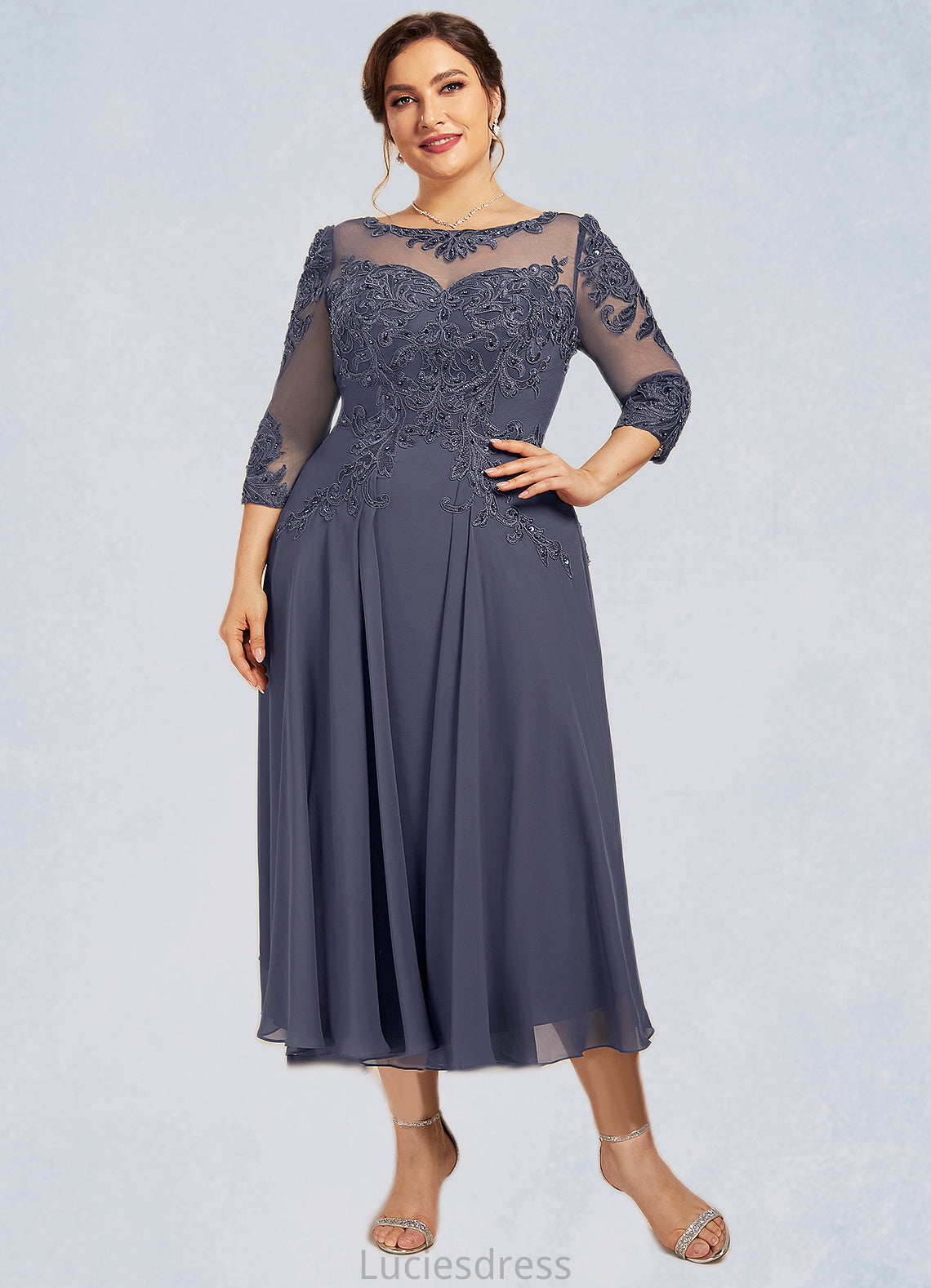 Lydia A-Line Scoop Neck Tea-Length Chiffon Lace Mother of the Bride Dress With Beading Sequins HF126P0014535