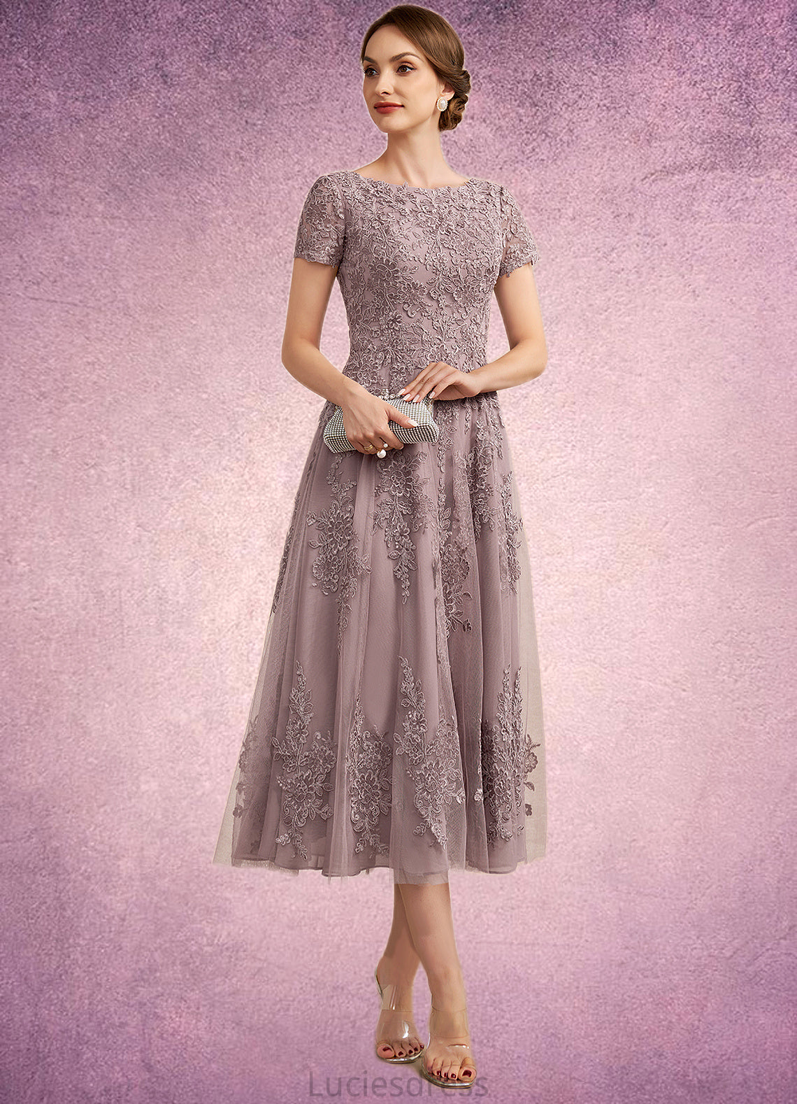 Janelle A-Line Scoop Neck Tea-Length Tulle Lace Mother of the Bride Dress HF126P0014538