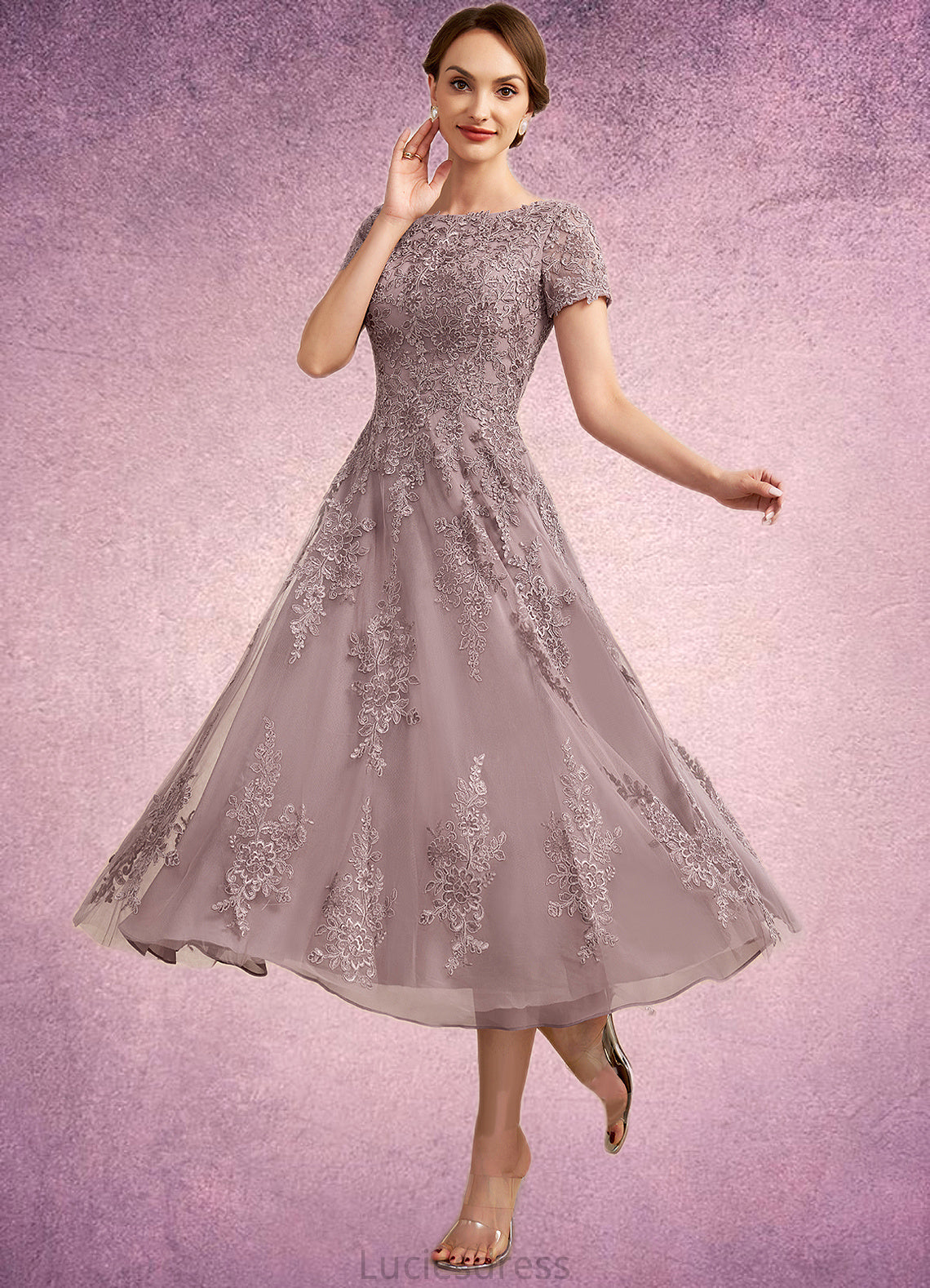 Janelle A-Line Scoop Neck Tea-Length Tulle Lace Mother of the Bride Dress HF126P0014538