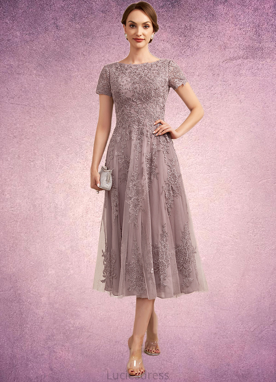 Janelle A-Line Scoop Neck Tea-Length Tulle Lace Mother of the Bride Dress HF126P0014538