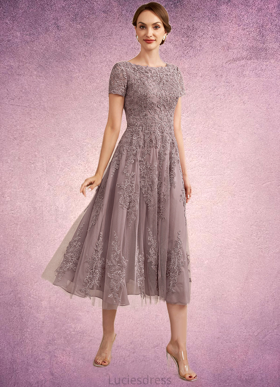 Janelle A-Line Scoop Neck Tea-Length Tulle Lace Mother of the Bride Dress HF126P0014538