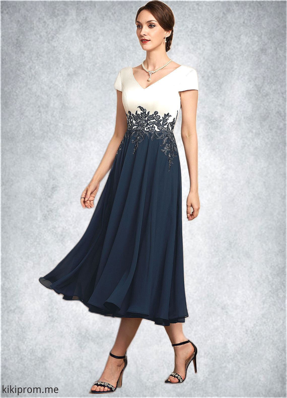 Maya A-Line V-neck Tea-Length Chiffon Lace Mother of the Bride Dress STF126P0014539