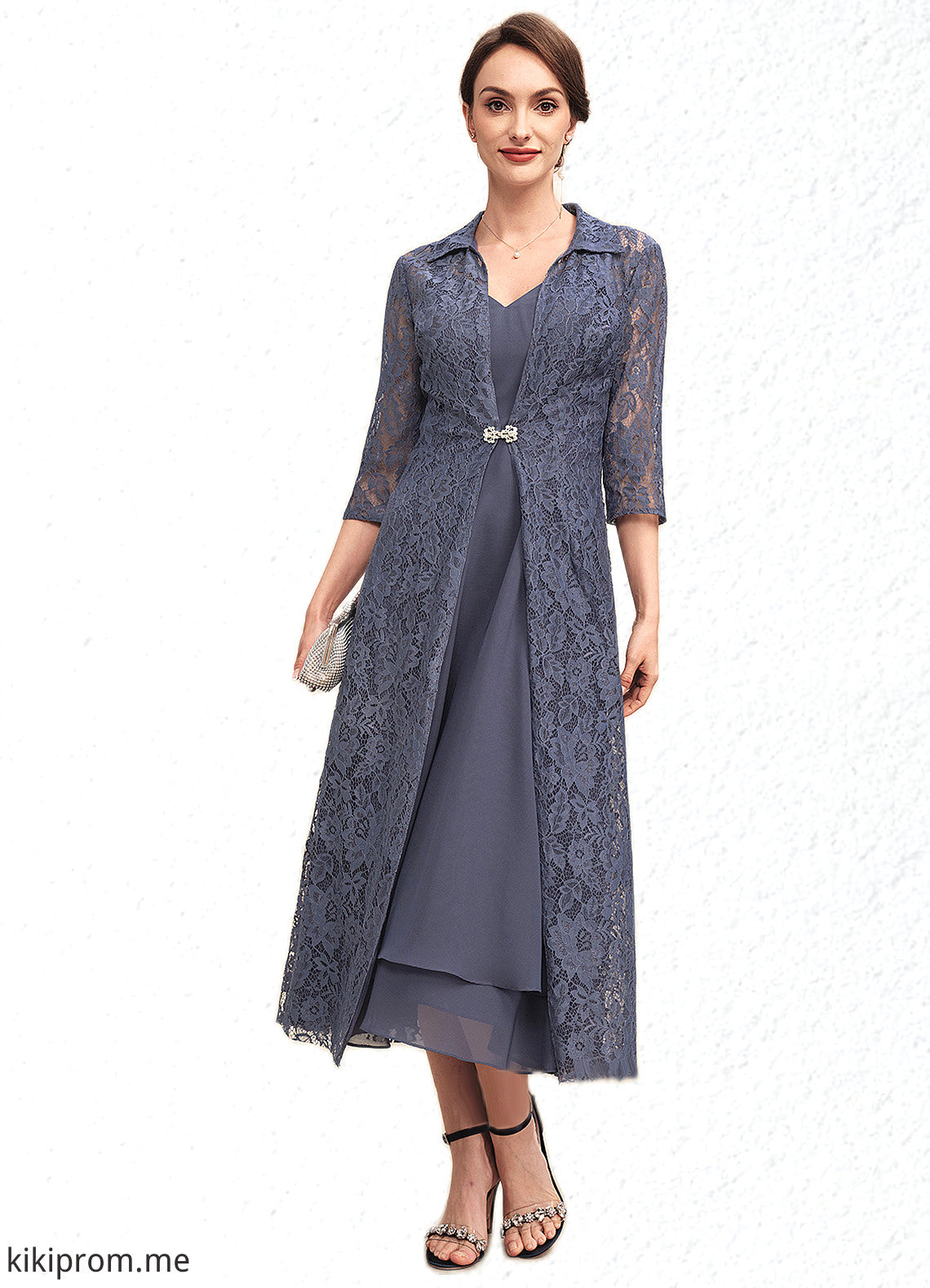 Lyric A-line V-Neck Tea-Length Chiffon Mother of the Bride Dress STF126P0014540