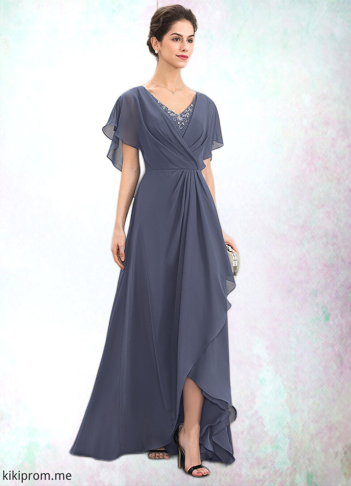 Louisa A-Line V-neck Asymmetrical Chiffon Mother of the Bride Dress With Beading Sequins STF126P0014541