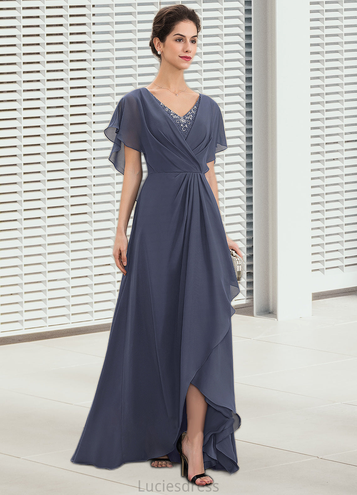 Kali A-Line V-neck Asymmetrical Chiffon Mother of the Bride Dress With Beading Sequins HF126P0014541