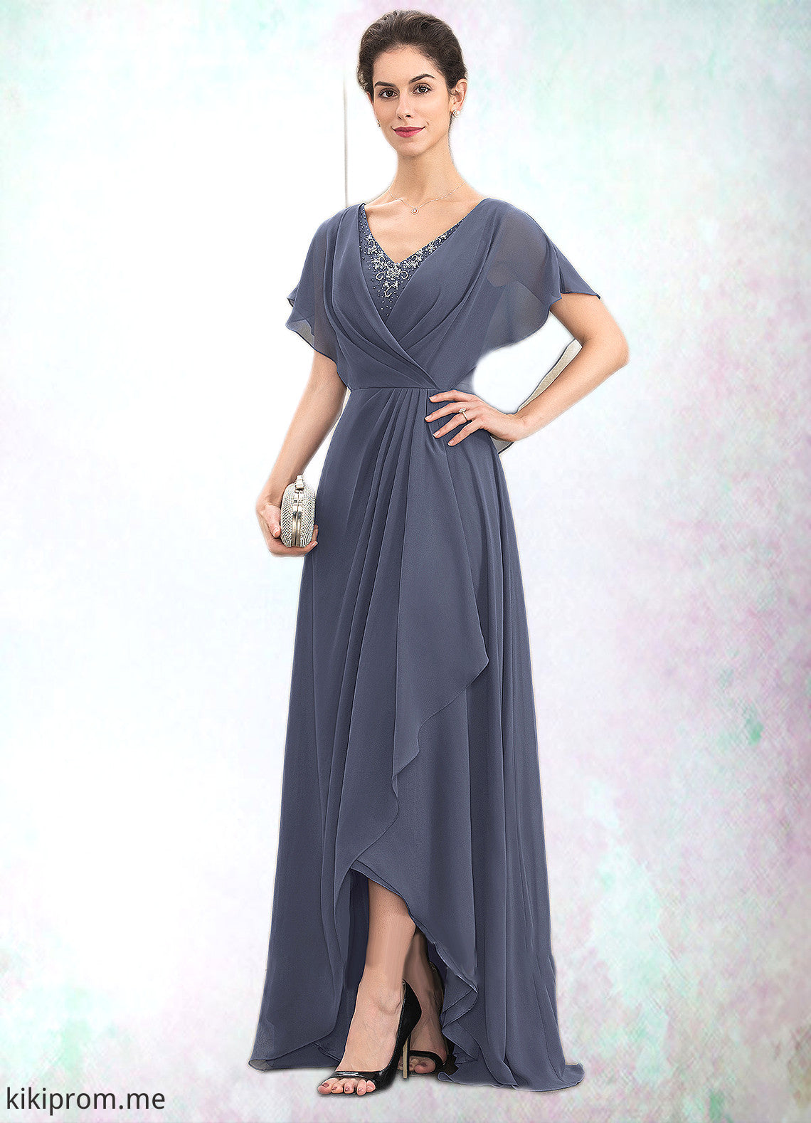 Louisa A-Line V-neck Asymmetrical Chiffon Mother of the Bride Dress With Beading Sequins STF126P0014541