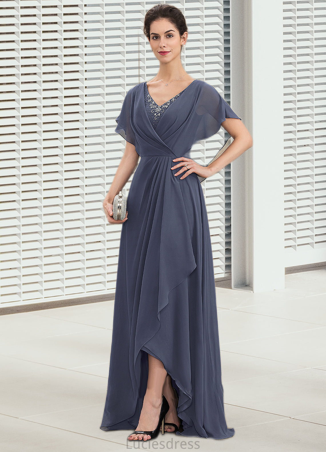 Kali A-Line V-neck Asymmetrical Chiffon Mother of the Bride Dress With Beading Sequins HF126P0014541