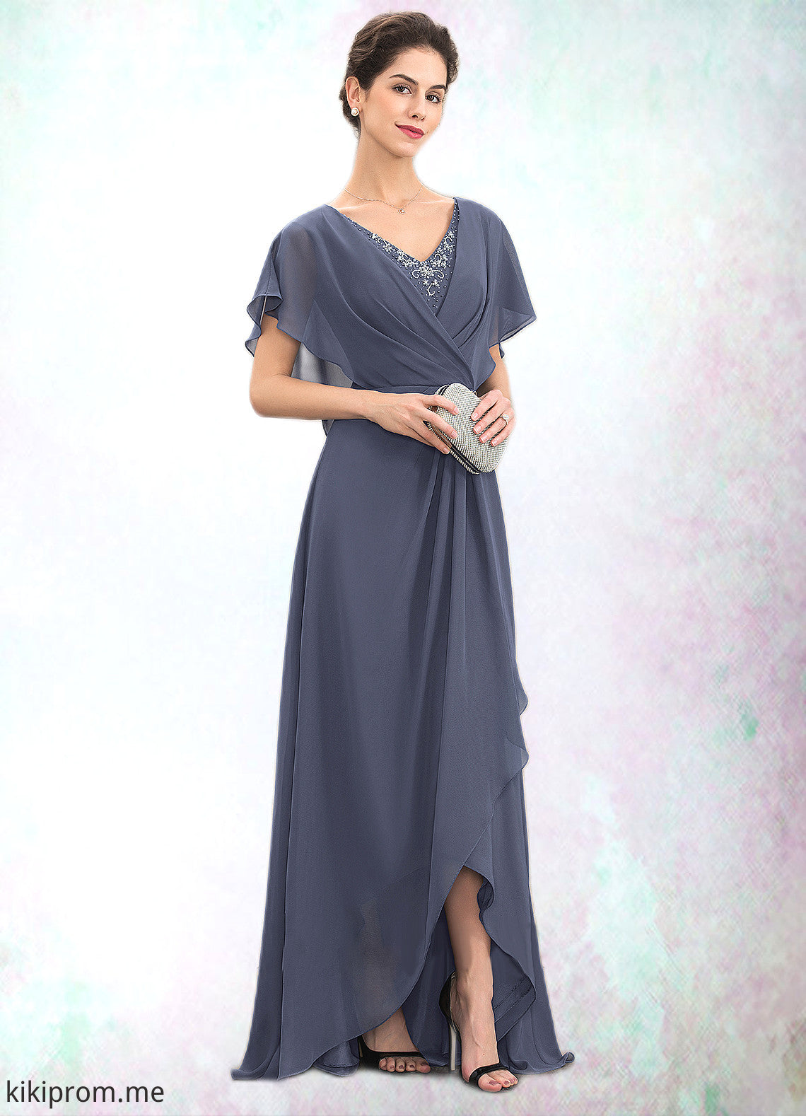 Louisa A-Line V-neck Asymmetrical Chiffon Mother of the Bride Dress With Beading Sequins STF126P0014541