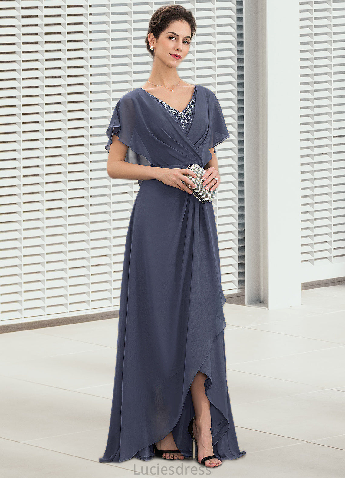 Kali A-Line V-neck Asymmetrical Chiffon Mother of the Bride Dress With Beading Sequins HF126P0014541