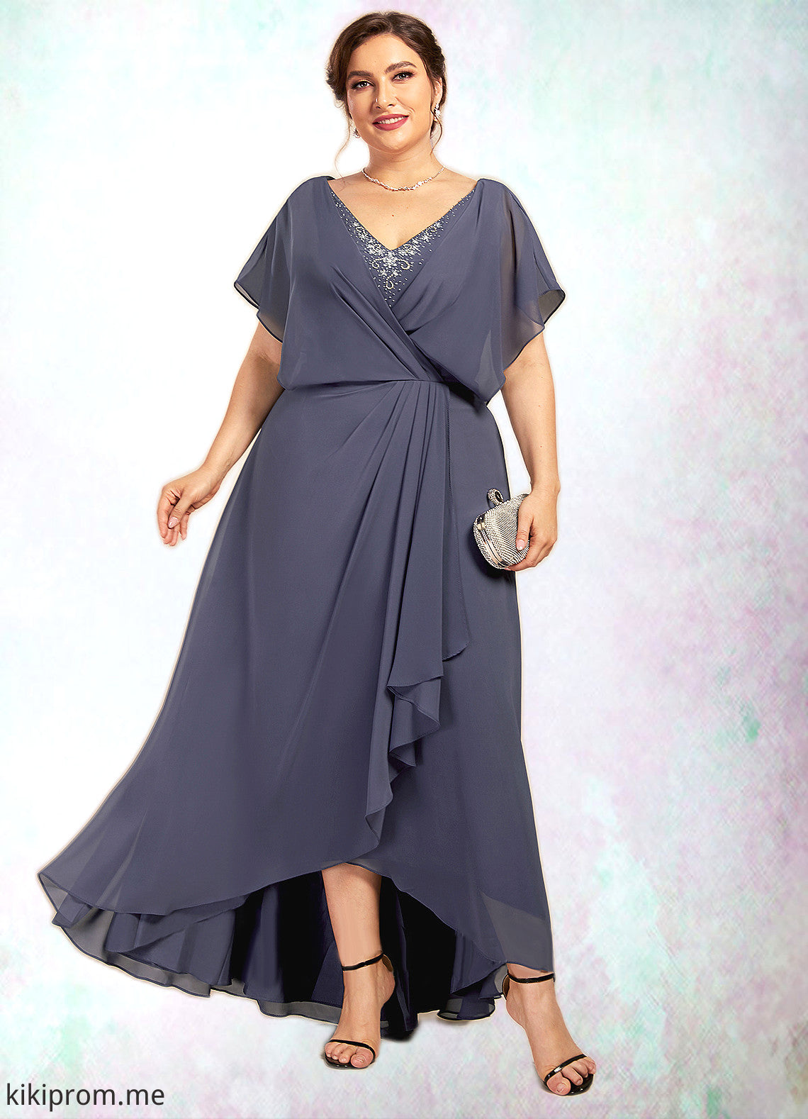 Louisa A-Line V-neck Asymmetrical Chiffon Mother of the Bride Dress With Beading Sequins STF126P0014541