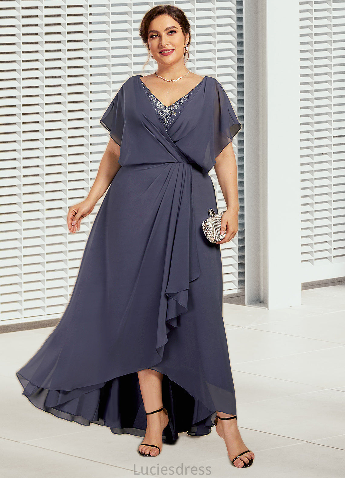 Kali A-Line V-neck Asymmetrical Chiffon Mother of the Bride Dress With Beading Sequins HF126P0014541