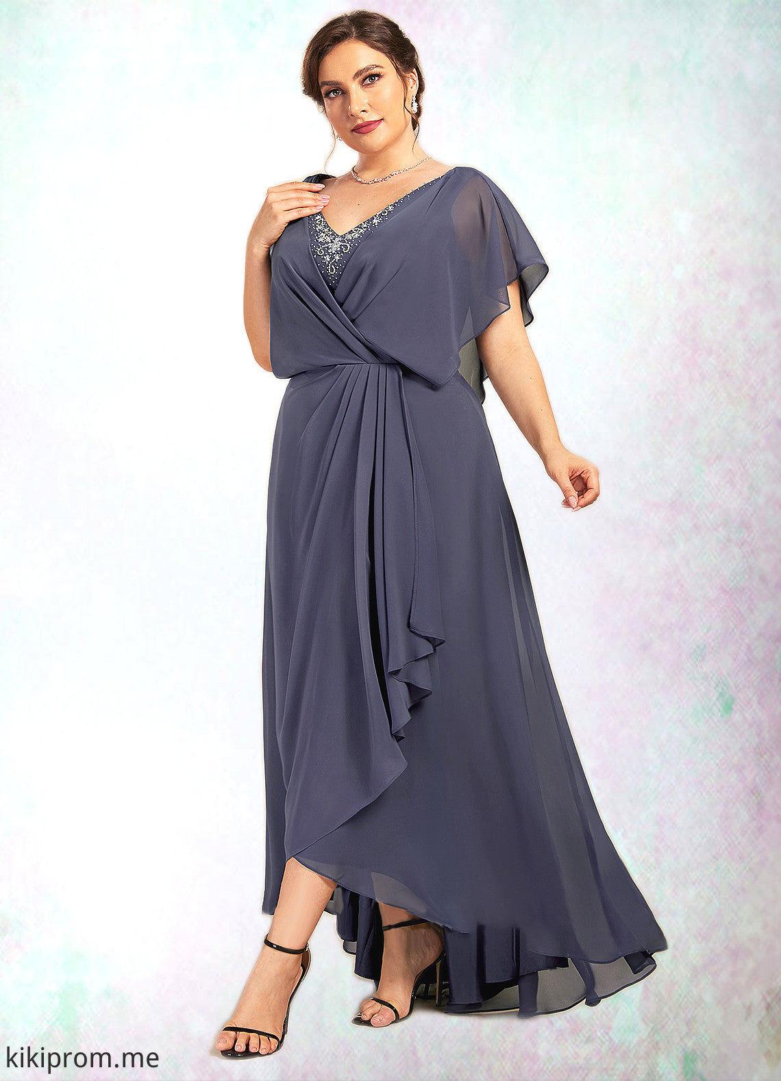 Louisa A-Line V-neck Asymmetrical Chiffon Mother of the Bride Dress With Beading Sequins STF126P0014541