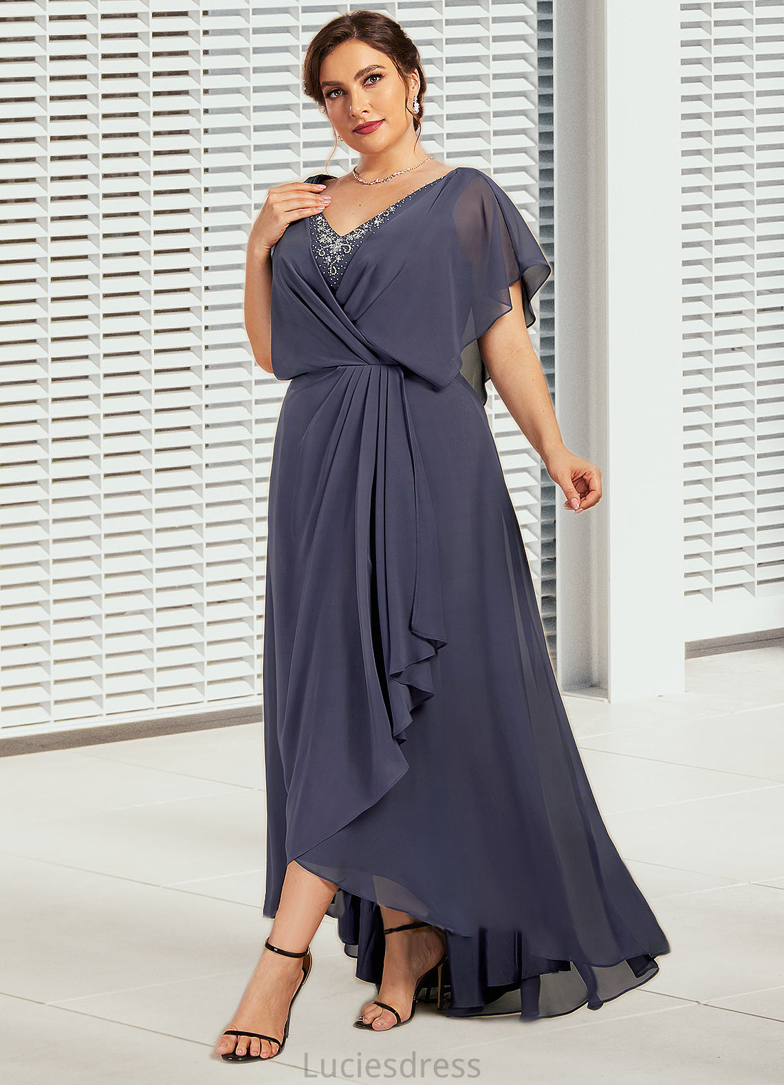 Kali A-Line V-neck Asymmetrical Chiffon Mother of the Bride Dress With Beading Sequins HF126P0014541