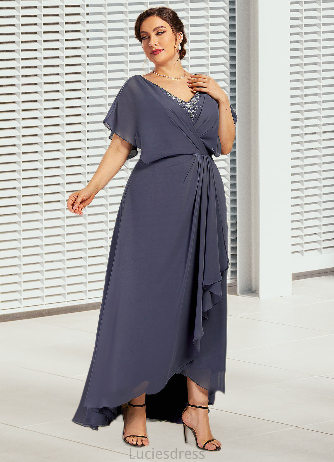 Kali A-Line V-neck Asymmetrical Chiffon Mother of the Bride Dress With Beading Sequins HF126P0014541